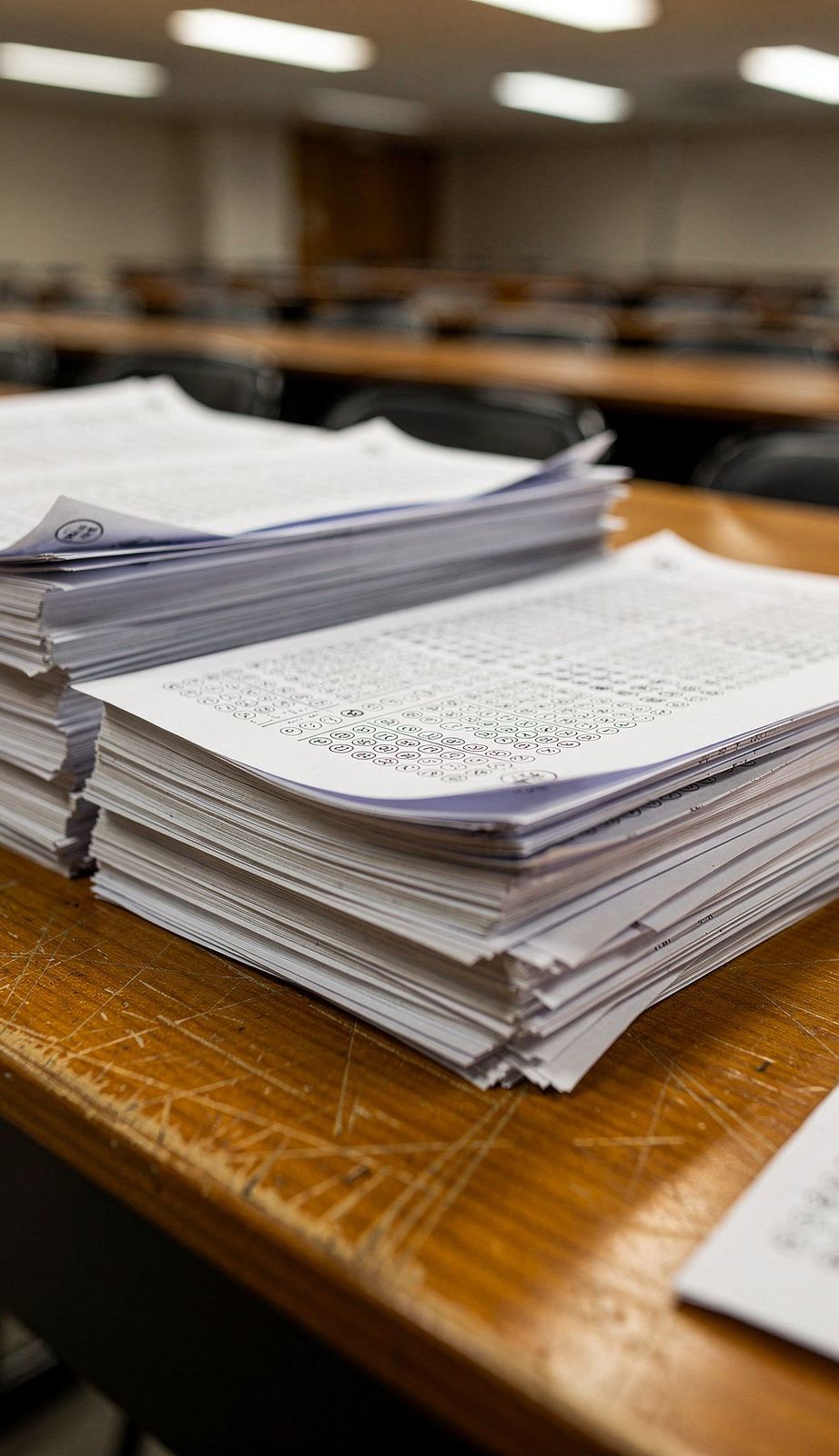 Stacks of exam answer papers