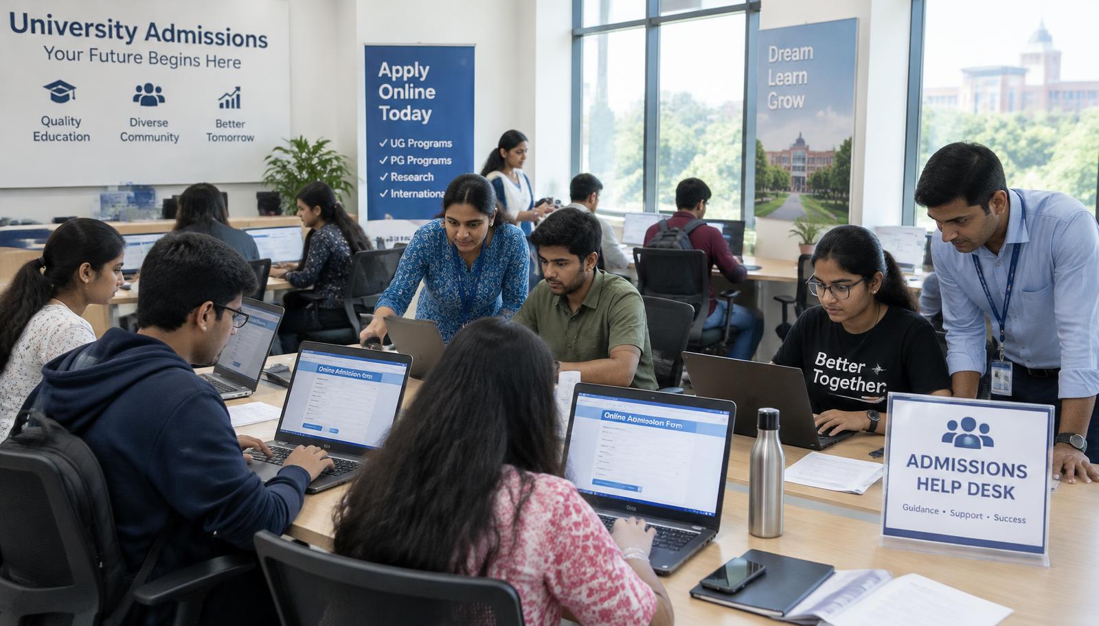 Indian students applying online in a university admissions office