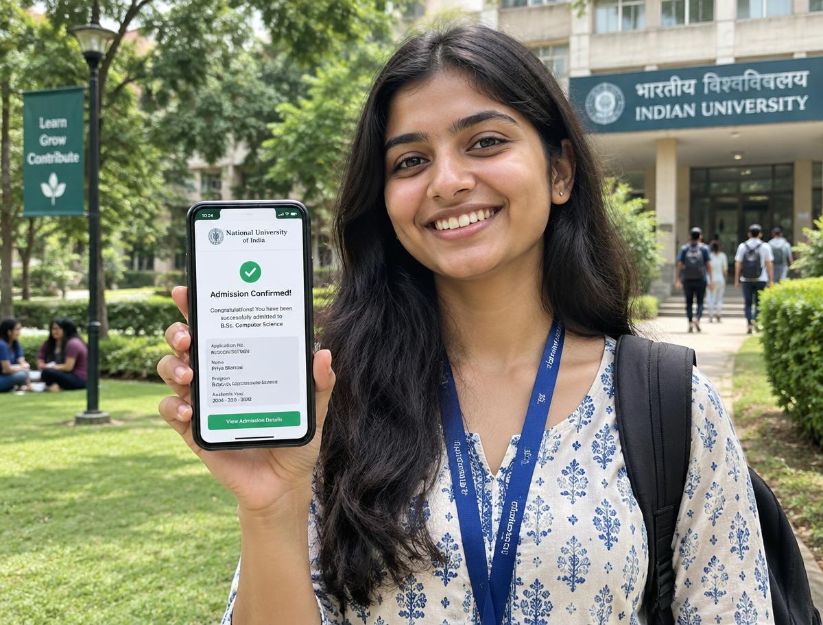 Indian student showing admission confirmation on her phone