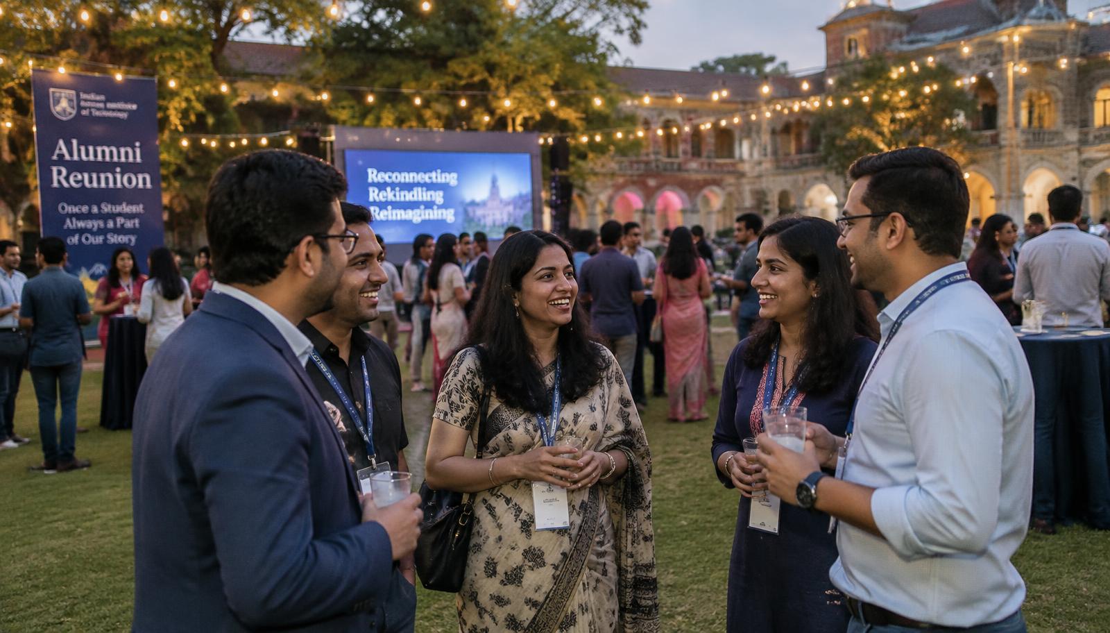 Indian university alumni at a reunion on the campus lawn