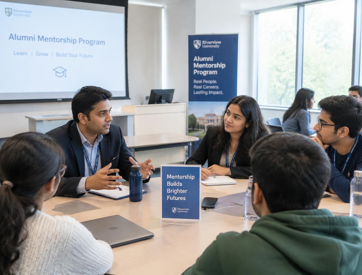 Alumnus mentoring current students in a seminar room