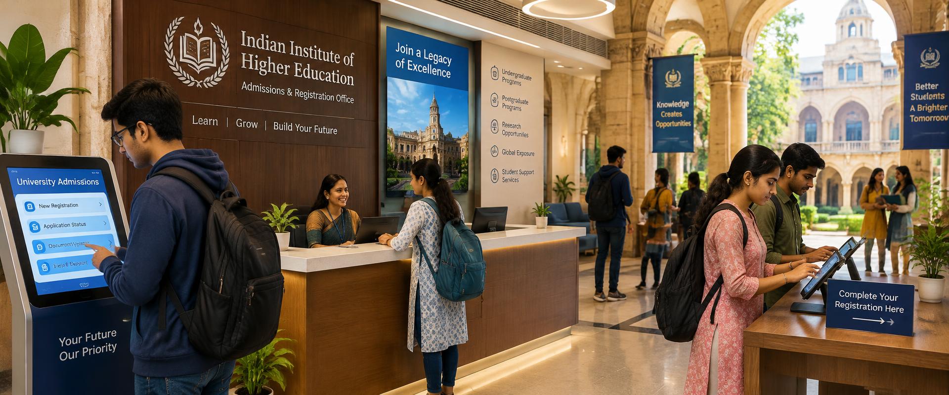 University admissions office with digital enrolment kiosks