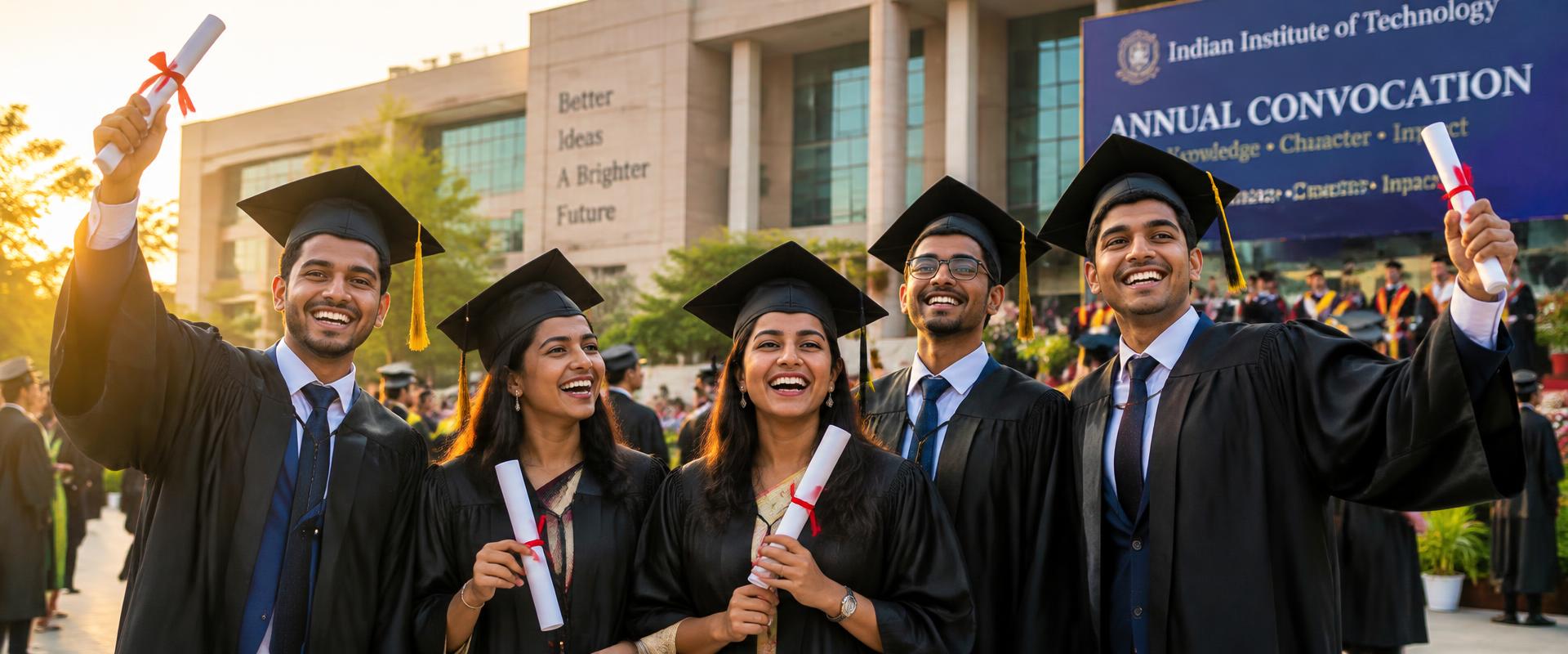 Graduates celebrating at a modern university campus