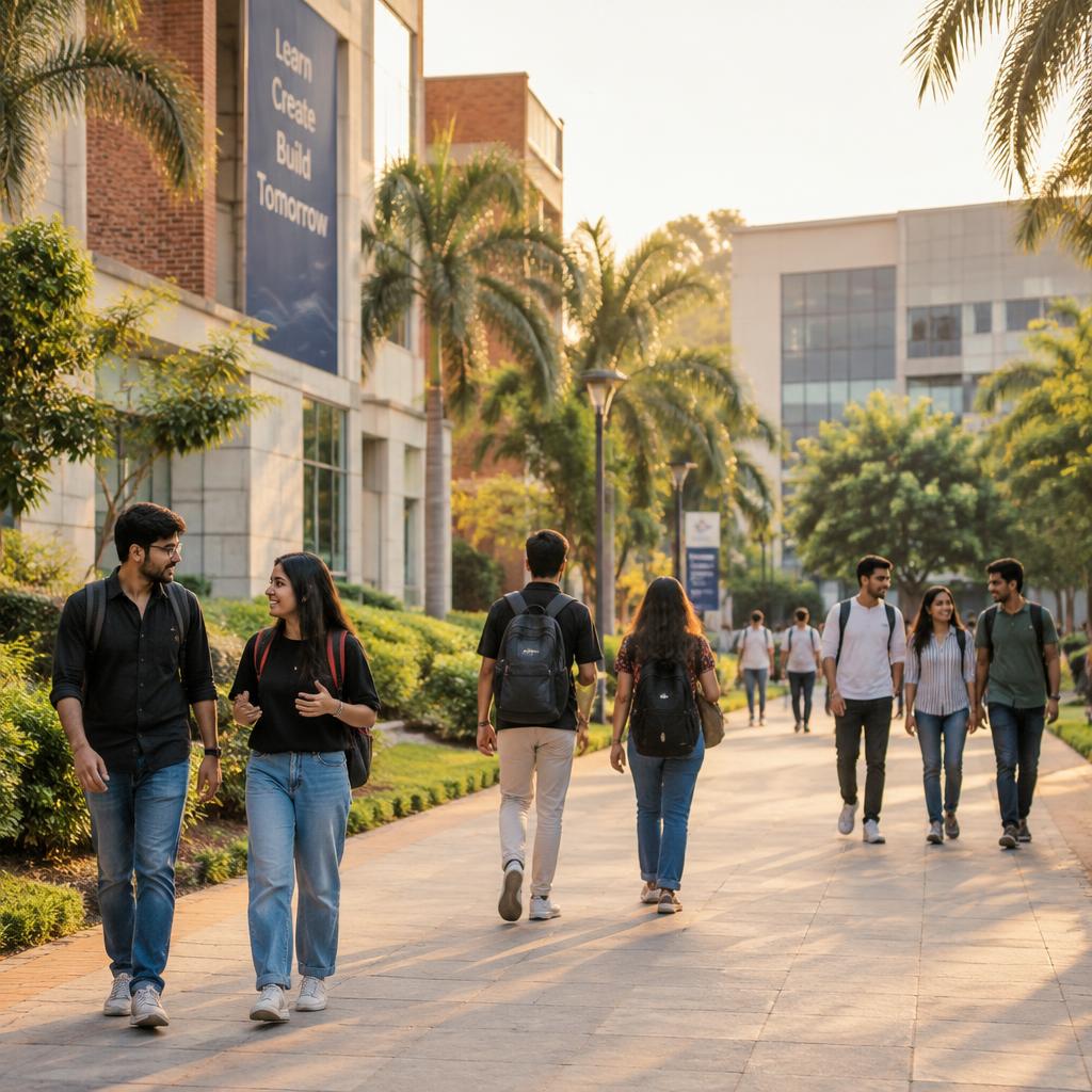 Indian university students walking across campus