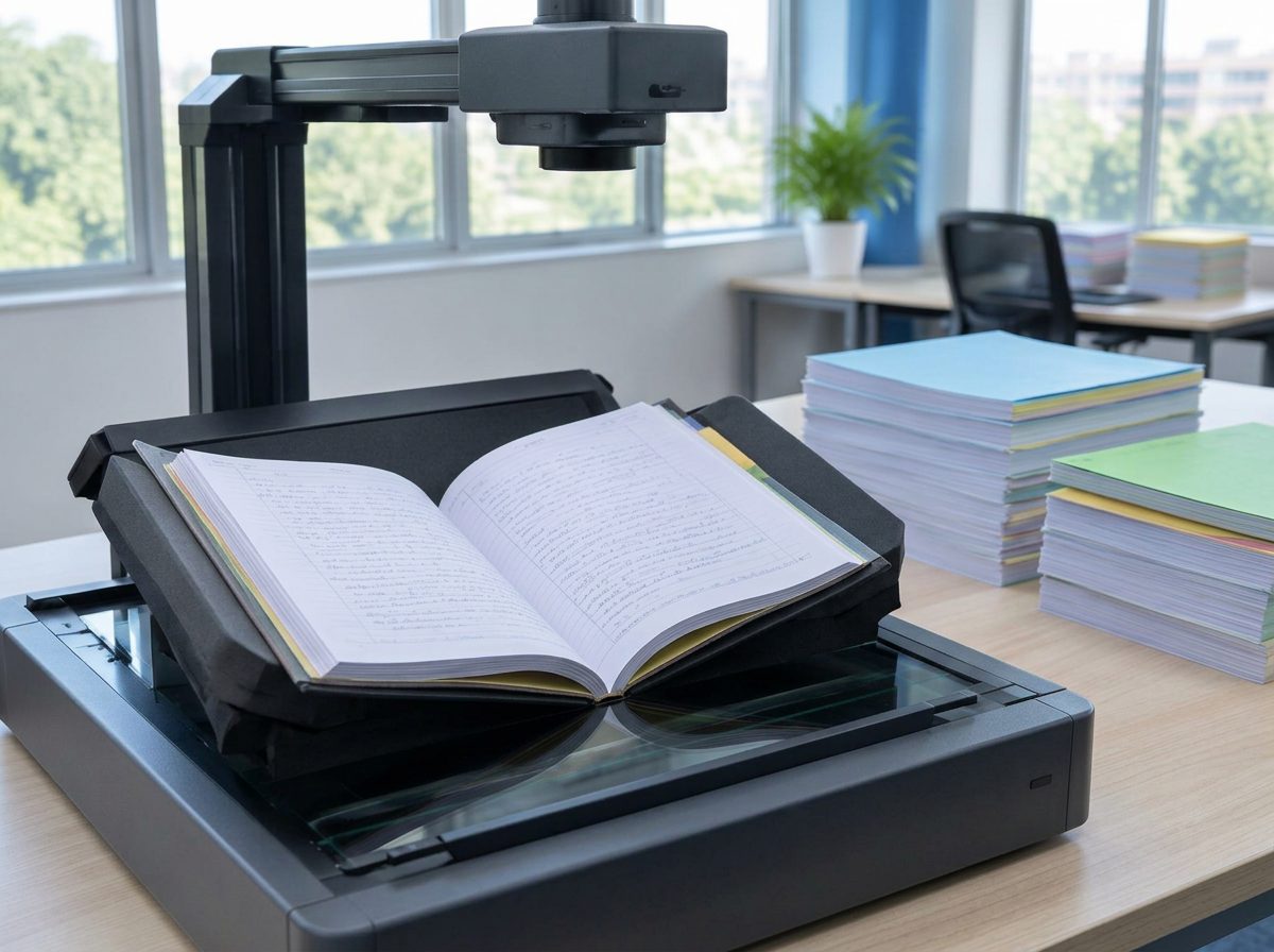 Book scanner digitising an open answer booklet, with stacks of scripts nearby