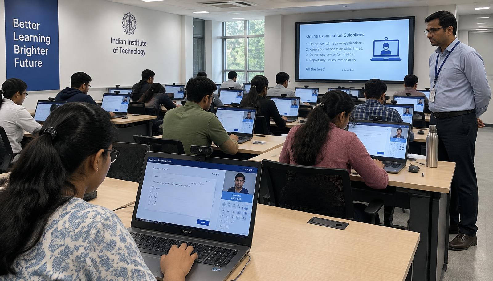 Indian students taking a proctored online exam in a computer lab
