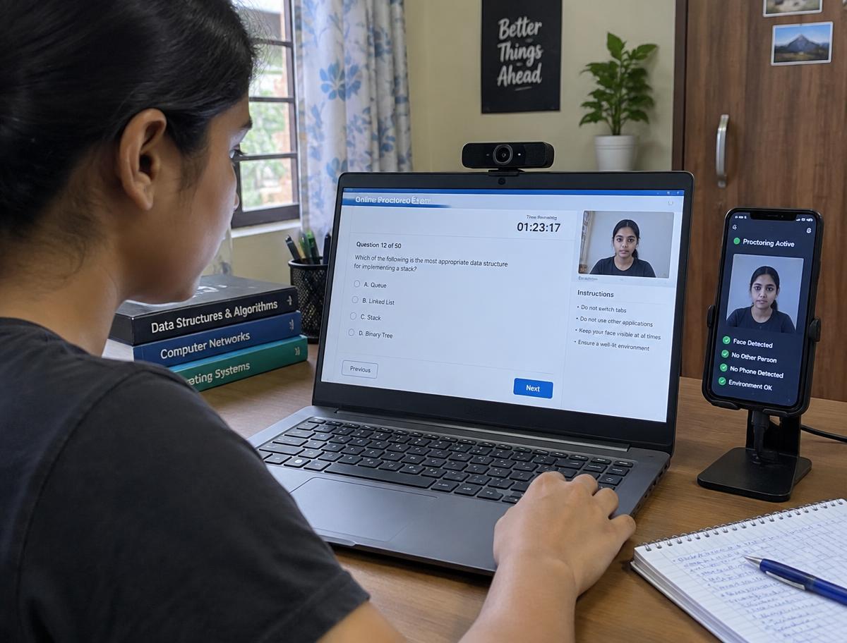 Student taking a proctored exam at home with a laptop and phone camera